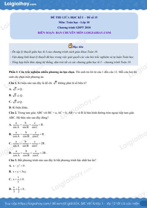 Đề thi giữa kì 1 Toán 10 - Đề số 15